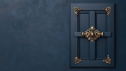 Elegant Dark Blue Wooden Door with Decorative Golden Handle