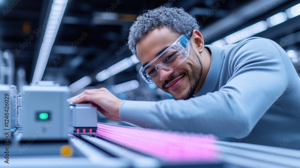 Poster smiling engineer in safety glasses focuses on adjusting machinery during a production line task. bri