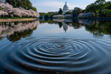 Fototapeta premium National Cherry Blossom Festival. Water ripples reflecting a historic building and cherry blossoms.