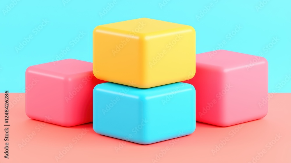 Poster colorful building blocks stacked on pastel background for playful design