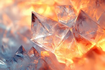 Intricate crystal formations, glowing with warm orange light, showcase exquisite detail and texture.