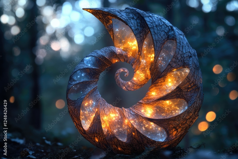 Poster glowing spiral sculpture in a forest, resembling a nautilus shell with embedded lights.