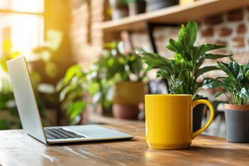 workspace laptop with coffee mug