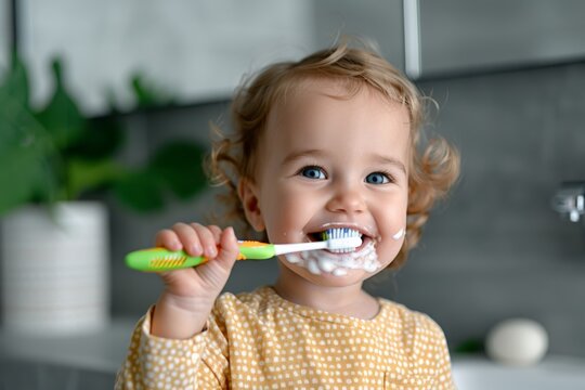 World Oral Health Day. A cheerful young child brushing their teeth with toothpaste foam around their mouth in a bright bathroom.