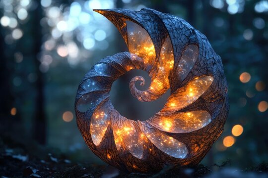 Glowing spiral sculpture in a forest, resembling a nautilus shell with embedded lights. - Powered by Adobe