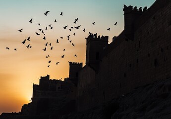 Fototapeta premium Sunset silhouettes of birds flying over ancient stone castle walls.