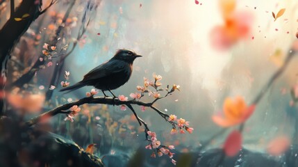 Obraz premium A bird perched on the branch of a young tree, surrounded by colorful spring blossoms.