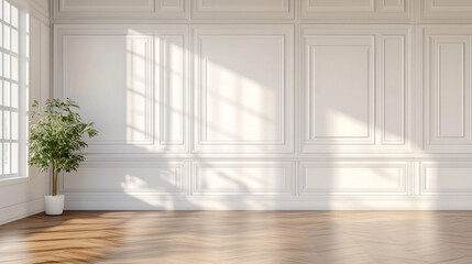 Obraz premium Big white bright loft room architecture render 3d illustration with shiny wooden floor and white textured walls day and empty blank picture frames copyspace on the wall to add your content