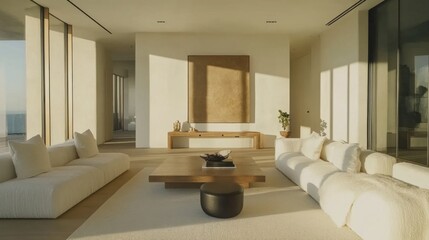 Fototapeta premium A calm and serene living room in minimalist style, featuring neutral-toned furniture, a statement art piece, and soft natural lighting.