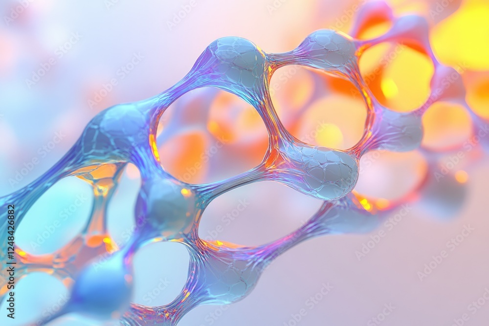 Poster abstract 3d rendering of a vibrant, iridescent molecular structure, showcasing interconnected nodes 
