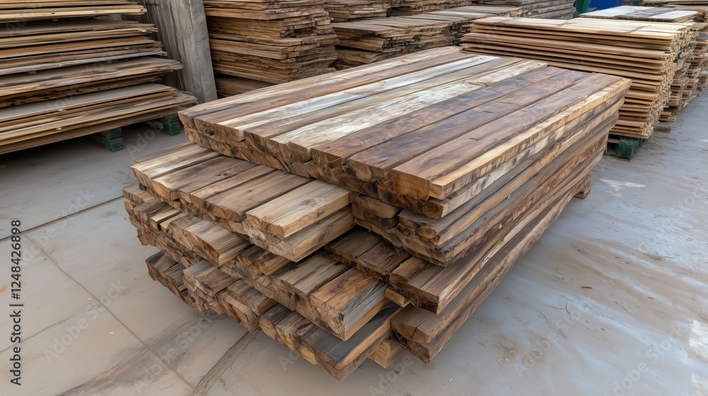 Poster various wooden planks are neatly stacked in a workshop, waiting to be used for construction and wood