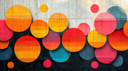 Colorful circular mural decorating an urban wall in bright hues and geometric patterns. Generative AI