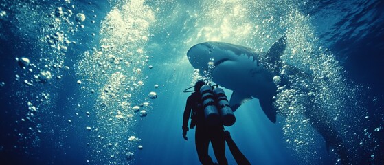 Diver surrounded by effervescent bubbles meets a majestic shark, capturing a thrilling encounter beneath the ocean waves.