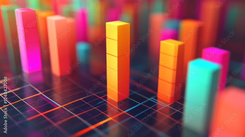 Leinwandbilder A close-up of a D bar graph displaying financial data with vibrant, colorful bars rising above a grid, showcasing the dynamic nature of investment trends.