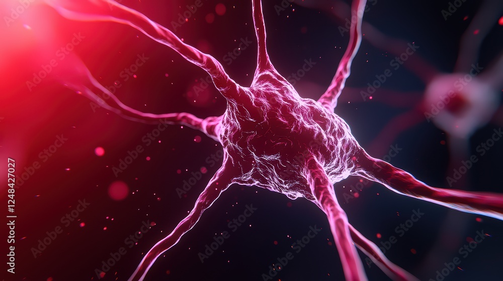Poster close-up visualization of neuron with dynamic red background glow
