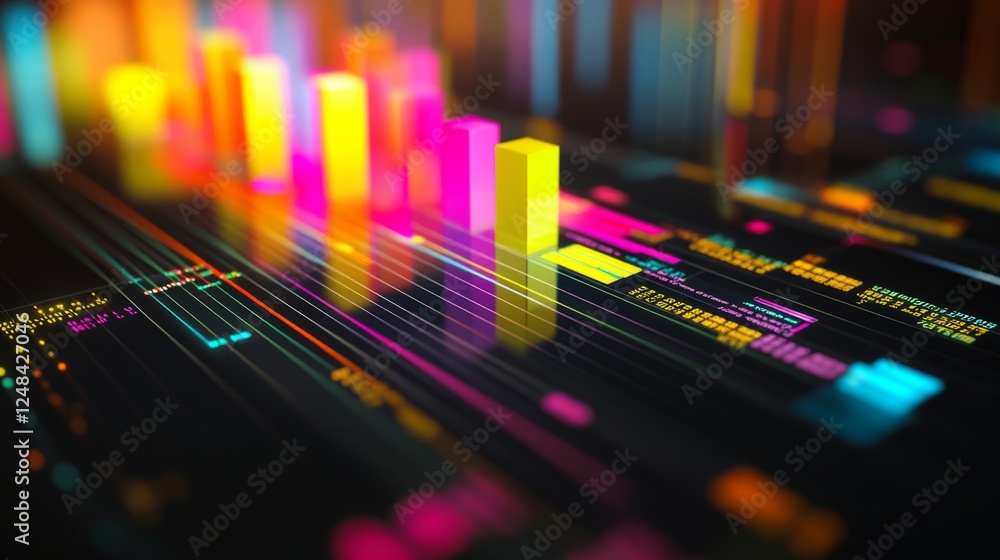 Poster a close-up of a d bar graph on a computer screen, with colorful bars rising from a grid and data poi