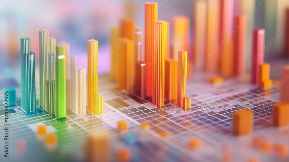 Poster a close-up of a d bar graph on a computer screen, with colorful bars rising from a grid and data poi