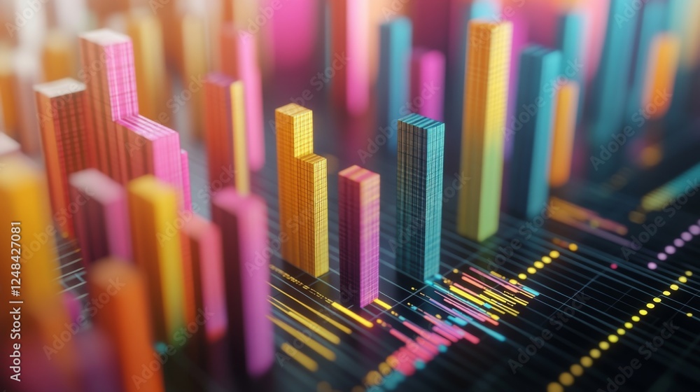 Poster a close-up of a d bar graph on a computer screen, with colorful bars rising from a grid and data poi