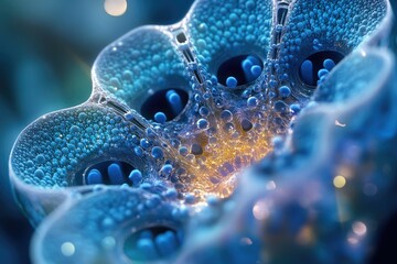 Abstract microscopic image showcasing intricate blue structures with glowing golden center, resembling a complex organism or fractal art.