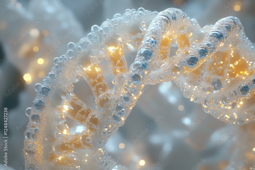 Poster a gleaming dna double helix structure, encapsulated in glistening bubbles, illuminated from within.