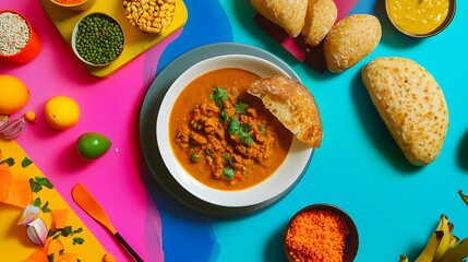 Pav bhaji or bread with masala curry along with food ingredients isolated on a colorful background