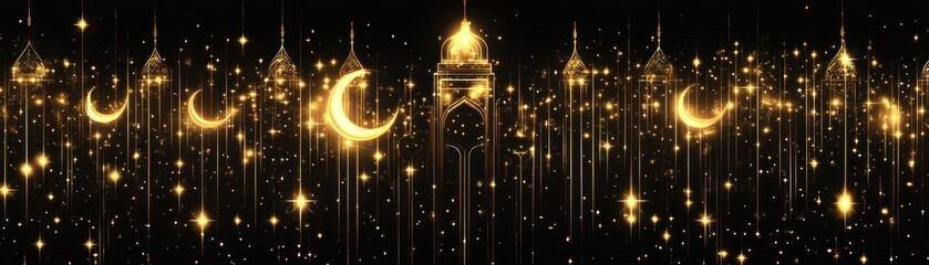 Golden Crescent Moons and Mosques Under a Starry Night