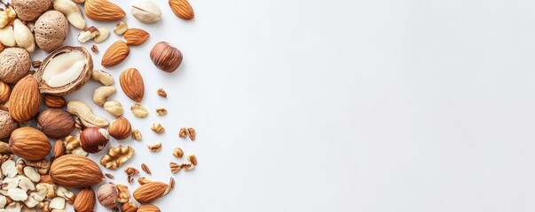 Assorted mixed nuts scattered on white background