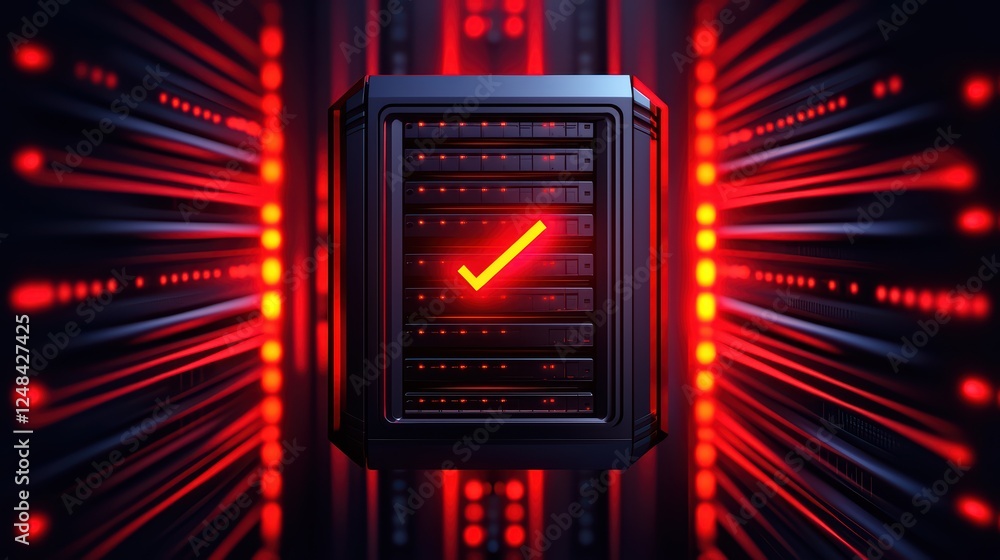 Poster secure data center with server rack and checkmark symbol displayed
