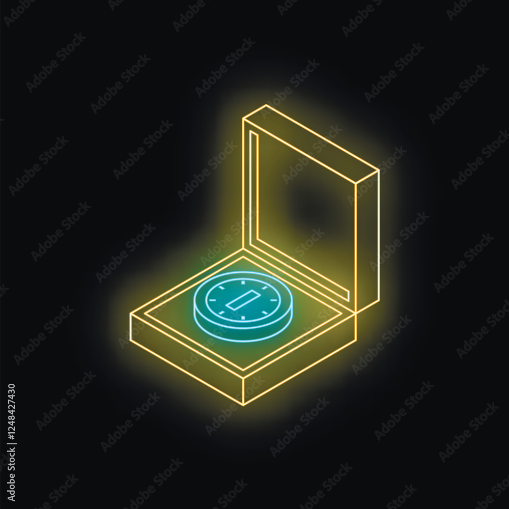 Poster glowing neon sign depicting an open box containing a casino chip, creating a vibrant and intriguing 