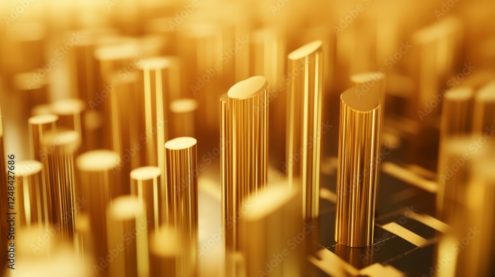 Poster a close-up of a d gold stacked column graph with golden layers and segments, illustrating a breakdow