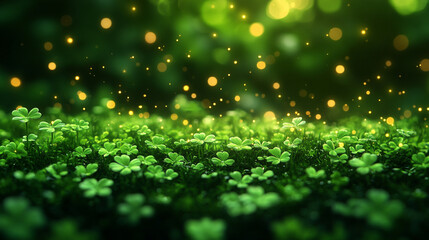 Vibrant clovers and sparkling lights create a magical atmosphere for St. Patrick's Day celebrations in a lush green field