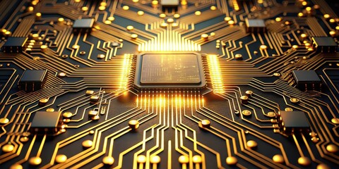 Illuminated Central Processing Unit on a Golden Circuit Board A High-Resolution Image Depicting Advanced Technological Innovation