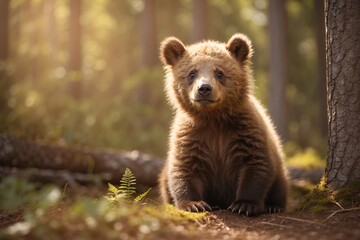 Fototapeta premium Cute bear cub enjoying a sunny day! Adorable wildlife scene perfect for nature projects, children's books, and heartwarming content