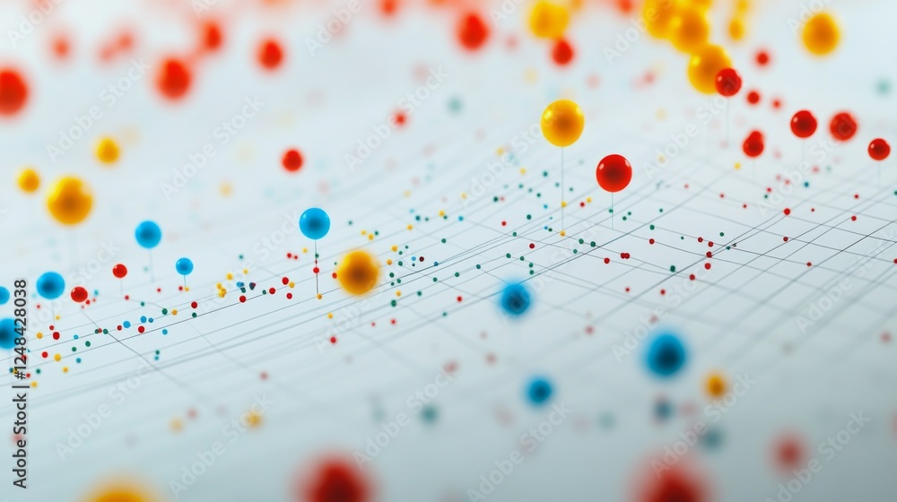 Poster A close-up of a D scatter plot with data points floating above a grid, using various colors and sizes to represent different financial data sets and trends.