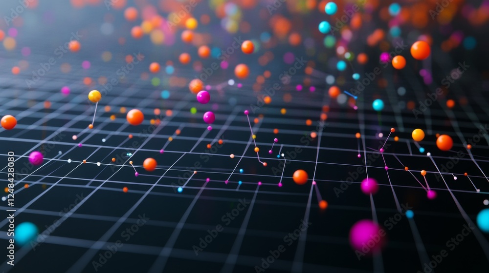 Poster A close-up of a D scatter plot with data points floating above a grid, using various colors and sizes to represent different financial data sets and trends.