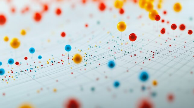 A close-up of a D scatter plot with data points floating above a grid, using various colors and sizes to represent different financial data sets and trends.