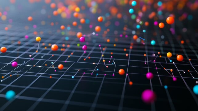 A close-up of a D scatter plot with data points floating above a grid, using various colors and sizes to represent different financial data sets and trends.