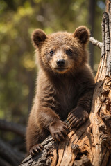 Obraz premium Cute bear cub enjoying a sunny day! Adorable wildlife scene perfect for nature projects, children's books, and heartwarming content