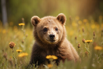 Obraz premium Cute bear cub enjoying a sunny day! Adorable wildlife scene perfect for nature projects, children's books, and heartwarming content