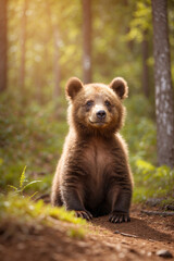 Fototapeta premium Cute bear cub enjoying a sunny day! Adorable wildlife scene perfect for nature projects, children's books, and heartwarming content