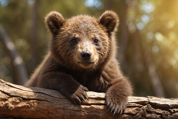 Fototapeta premium Cute bear cub enjoying a sunny day! Adorable wildlife scene perfect for nature projects, children's books, and heartwarming content