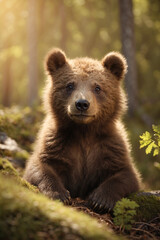 Fototapeta premium Cute bear cub enjoying a sunny day! Adorable wildlife scene perfect for nature projects, children's books, and heartwarming content