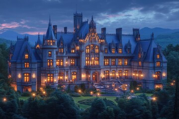 Obraz premium Majestic Castle at Dusk: Gothic Architecture, Illuminated Grandeur, Serene Landscape