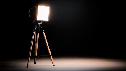 A minimalistic scene featuring a tripod with a spotlight, casting soft light in a dark environment.