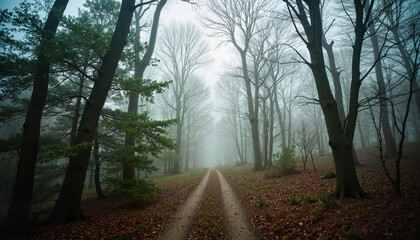 Fototapeta premium Serene misty forest path in fog, tranquil nature escape