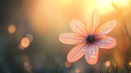A close-up of a delicate flower petal with water droplets glistening on its surface, surrounded by soft, blurred greenery.