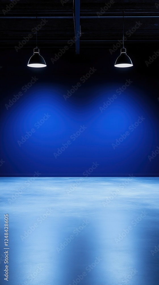 Poster a minimalistic setting featuring a blue wall illuminated by two hanging lights, creating a serene an