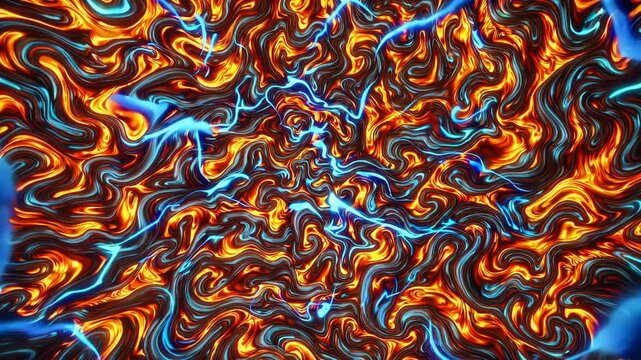 An abstract landscape of flowing, textured waves in warm orange and cool blue tones,