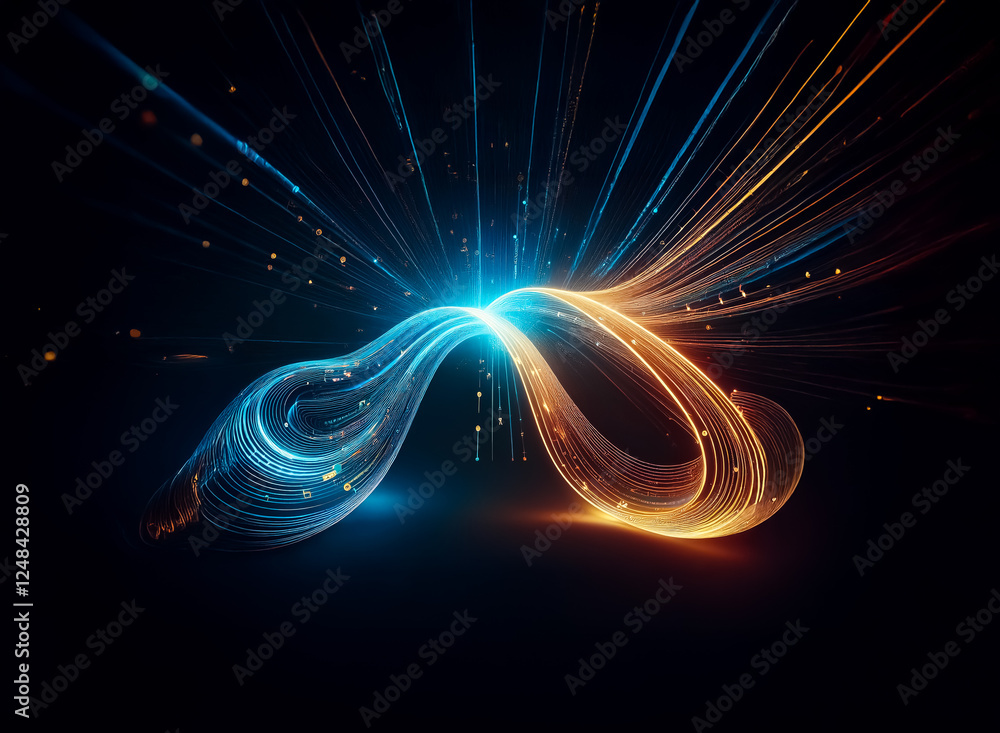 Poster double exposure abstract image showing dynamic blue and orange light trails swirling and merging aga