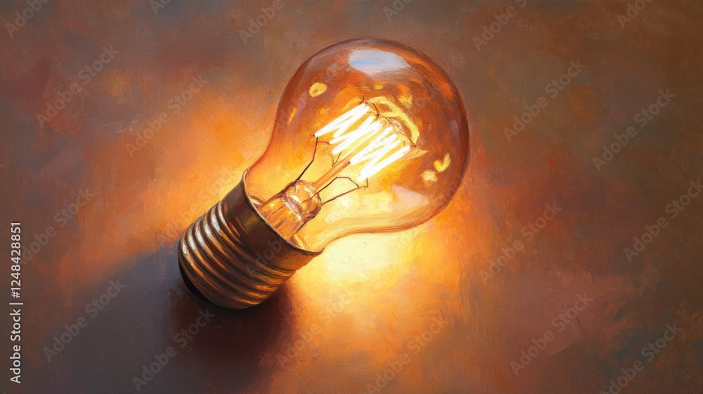 Poster a close-up of a glowing incandescent light bulb with a warm, soft light emitting from it, highlighti